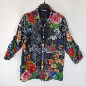 John Mark Top Womens Large‎ Tunic Hummingbird Boho Artsy Floral Multicolor